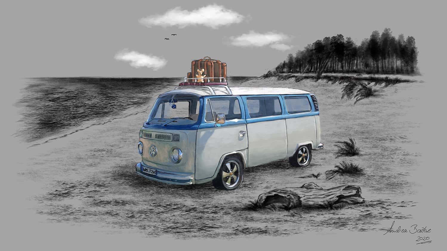 Tattoo VW Bulli, illustration, digital painting, tattoo motif, beach, Baltic Sea
